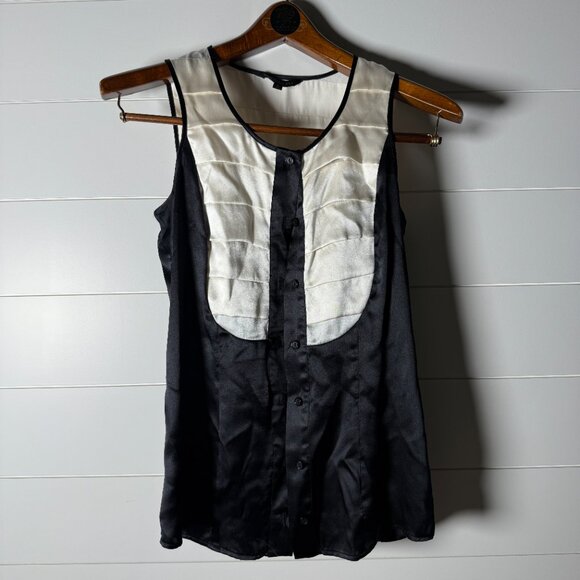 Dora Landa 100% Silk Sleeveless Button Down Color Block Off White & Black Size 0 - Picture 1 of 5